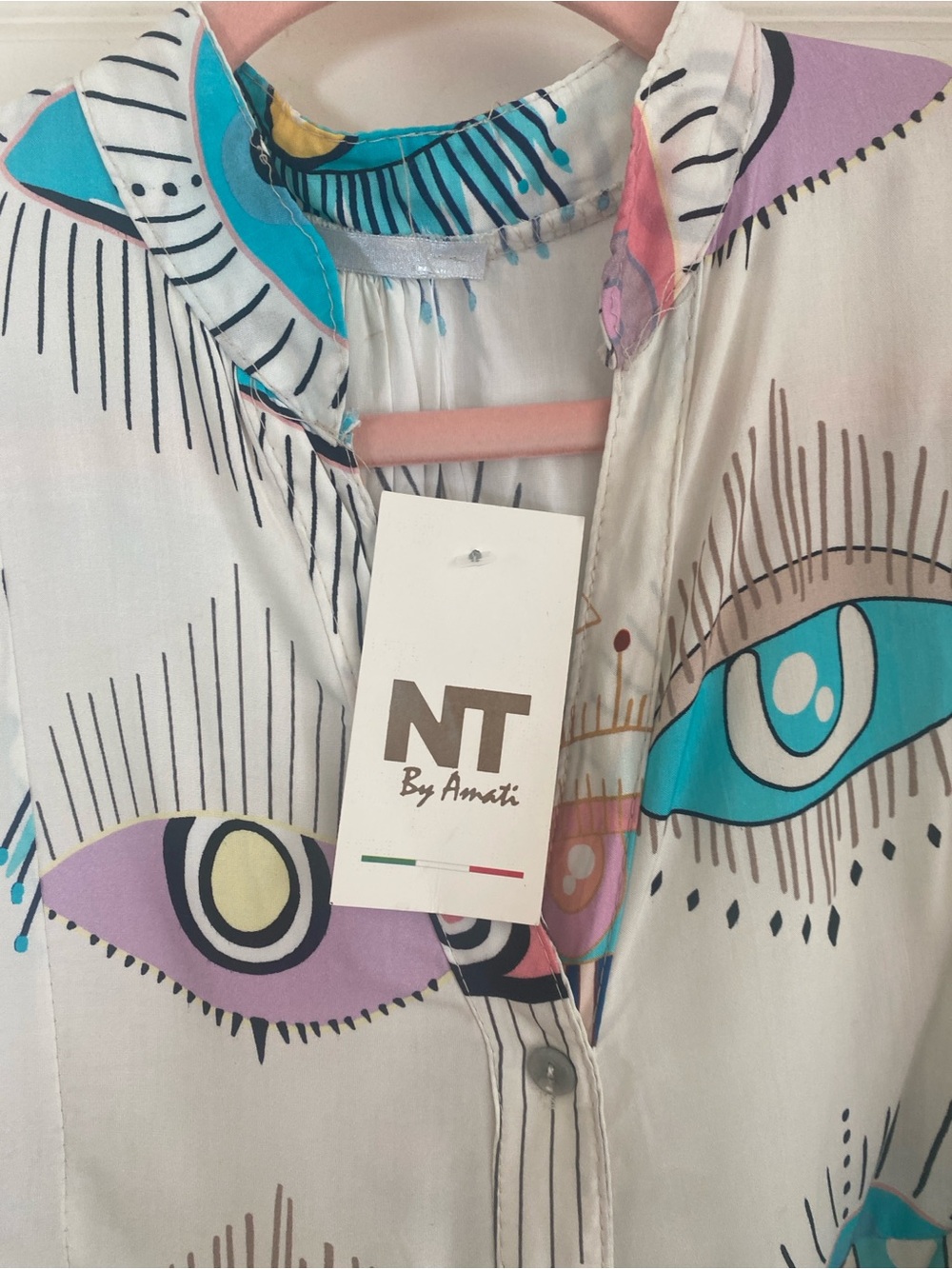 NT by Amati Eye Print Tiered Tunic Dress - White with Teal, Pink & Purple Eyes - Picture 2 of 5
